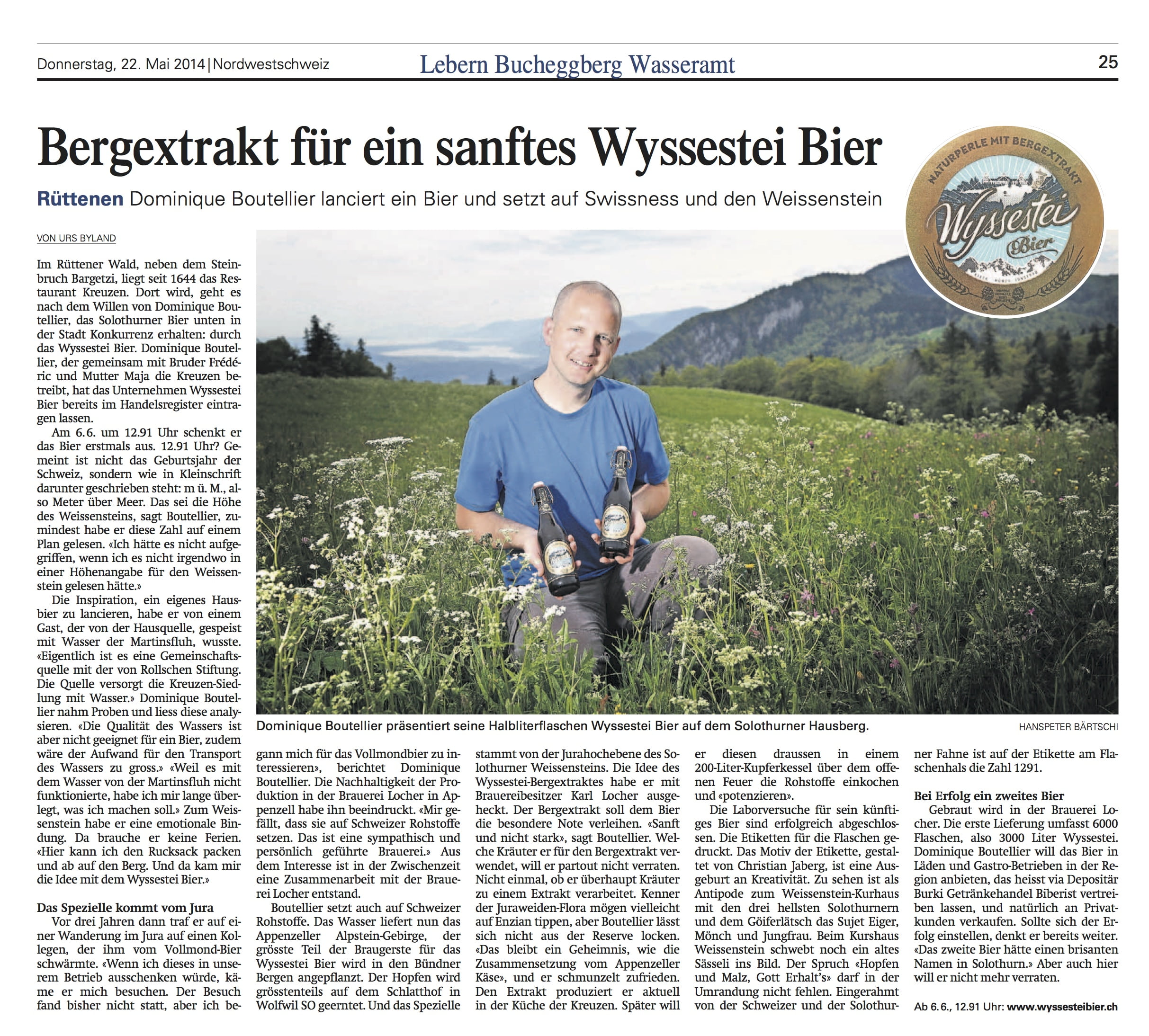 Zeitungsausschnitt mit dem Gründer vom Wyssestei Bier in der Solothurner Zeitung